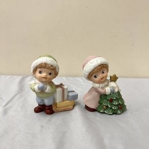 Vintage Homco Christmas 5556 Porcelain Christmas Children Boy & Girl Figurines
